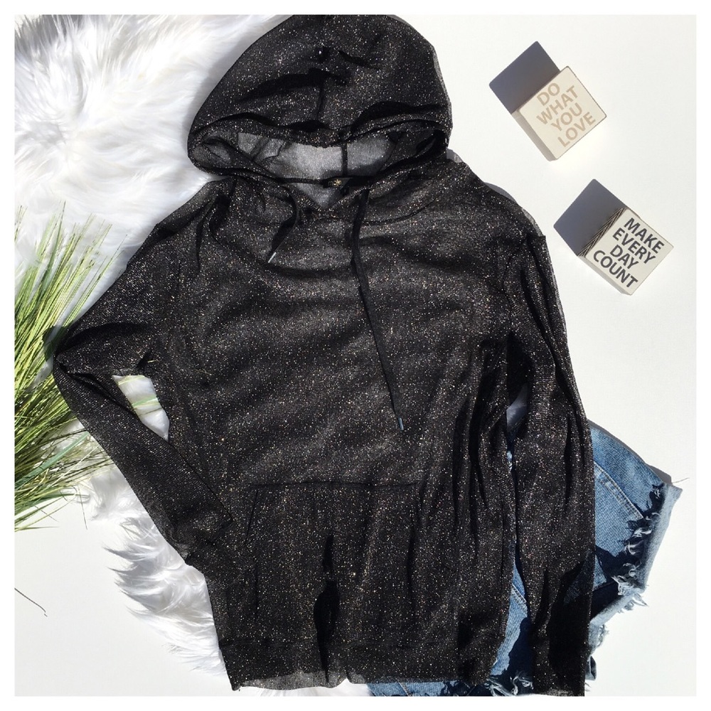 MAJE METALLIC BLACK SHEER HOODED SWEATSHIRT - Picture 2 of 6